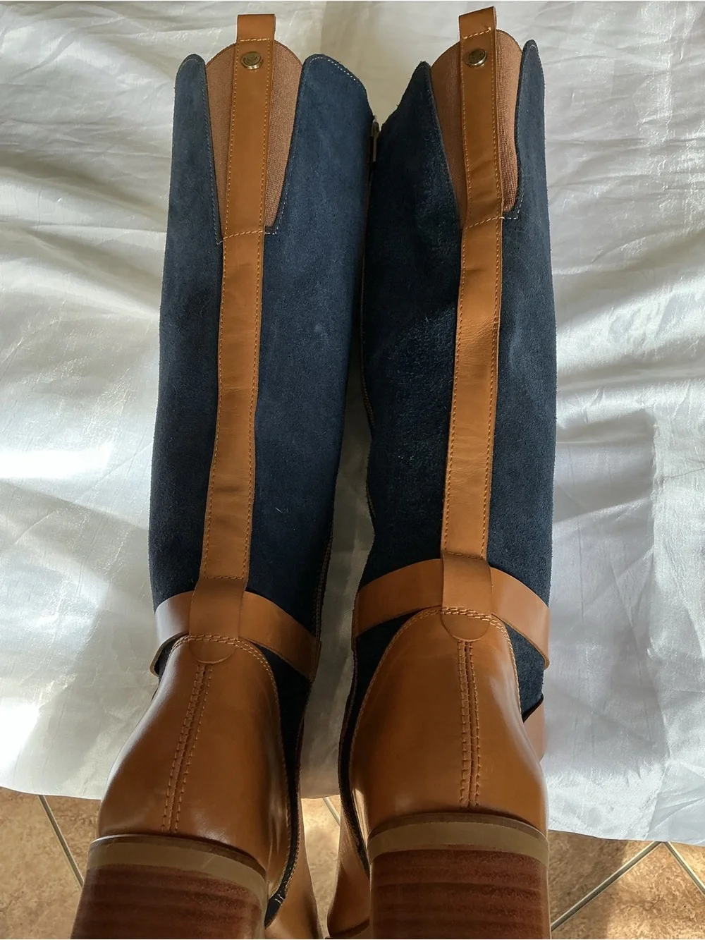 Tivoli Two-Tone Over-the-Knee Boots in Navy and Tan